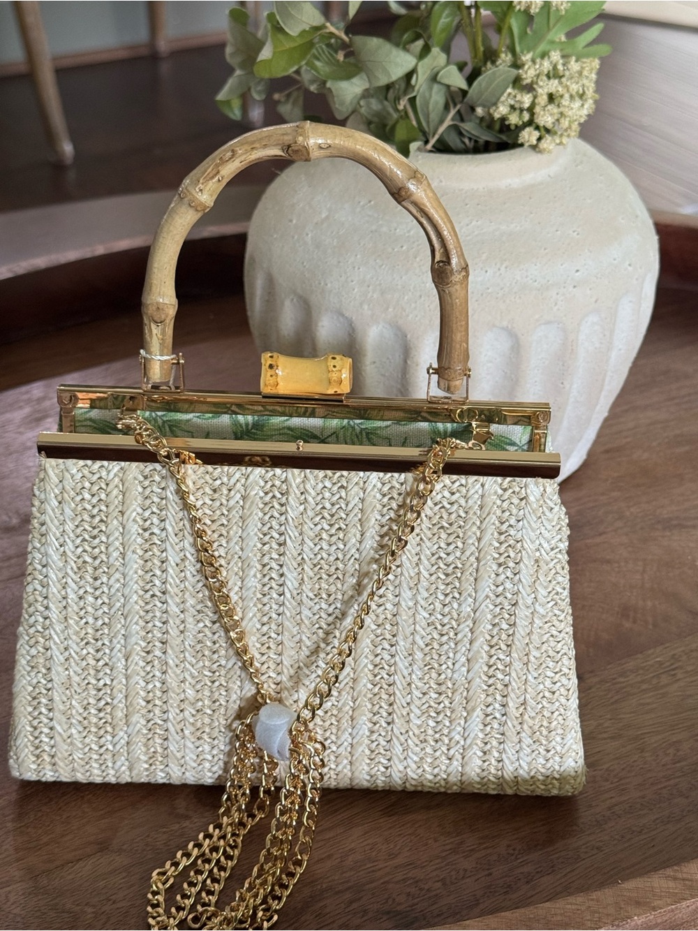 Brand New Tommy Bahama NATURAL RAFFIA BAMBOO HANDLE CLUTCH BAG